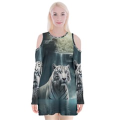 Tiger White Tiger Nature Forest Velvet Long Sleeve Shoulder Cutout Dress by Jancukart