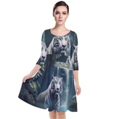 Tiger White Tiger Nature Forest Quarter Sleeve Waist Band Dress