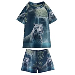 Tiger White Tiger Nature Forest Kids  Swim Tee And Shorts Set