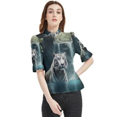 Tiger White Tiger Nature Forest Frill Neck Blouse