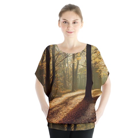 Autumn Nature Woodland Woods Trees Batwing Chiffon Blouse by Jancukart