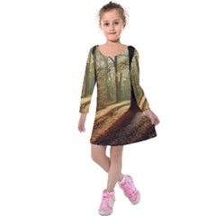 Autumn Nature Woodland Woods Trees Kids  Long Sleeve Velvet Dress by Jancukart