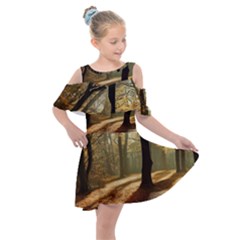 Autumn Nature Woodland Woods Trees Kids  Shoulder Cutout Chiffon Dress by Jancukart