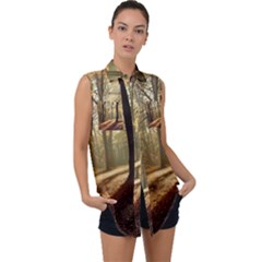 Autumn Nature Woodland Woods Trees Sleeveless Chiffon Button Shirt