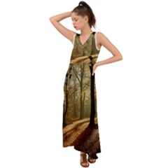 Autumn Nature Woodland Woods Trees V-Neck Chiffon Maxi Dress