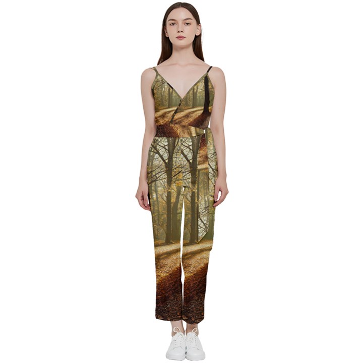 Autumn Nature Woodland Woods Trees V-Neck Spaghetti Strap Tie Front Jumpsuit