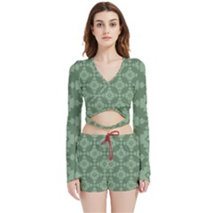 Sophisticated Pattern Velvet Wrap Crop Top And Shorts Set by GardenOfOphir