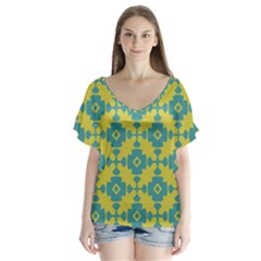 Pattern 4 V-neck Flutter Sleeve Top by GardenOfOphir