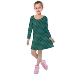 Green Pattern Kids  Long Sleeve Velvet Dress