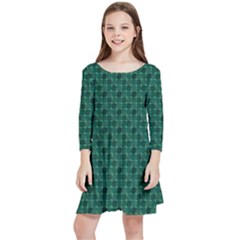 Green Pattern Kids  Quarter Sleeve Skater Dress