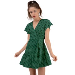 Green Pattern Flutter Sleeve Wrap Dress