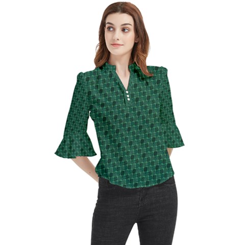 Green Pattern Loose Horn Sleeve Chiffon Blouse by Sparkle