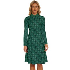 Green Pattern Long Sleeve Shirt Collar A-Line Dress