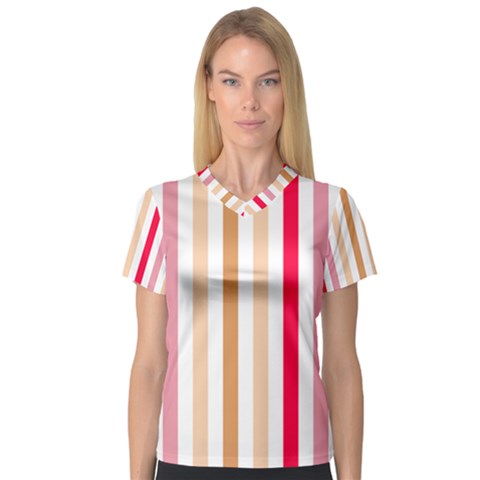 Stripe Pattern V-neck Sport Mesh Tee by GardenOfOphir