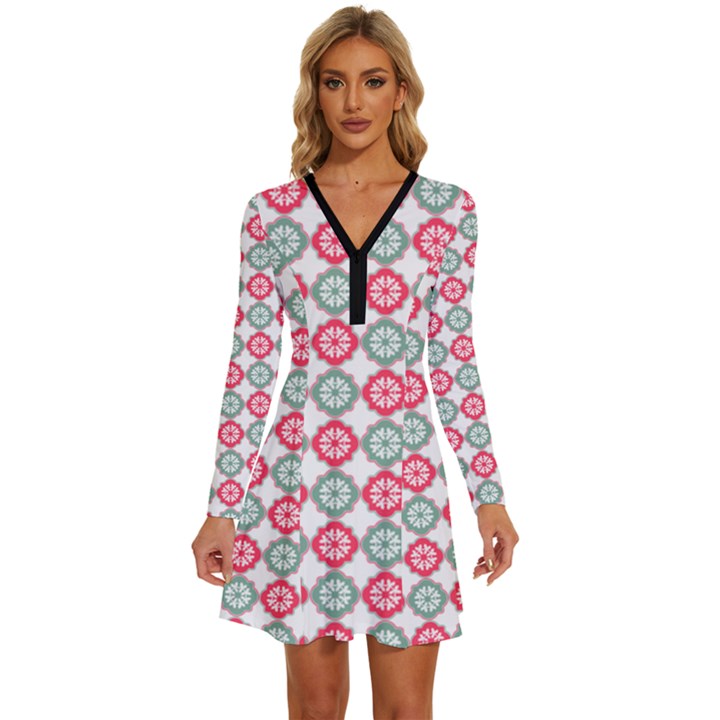 Elegant Pattern Long Sleeve Deep V Mini Dress 