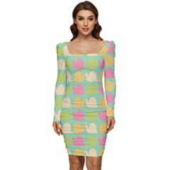 Slugs Pattern Women Long Sleeve Ruched Stretch Jersey Dress by GardenOfOphir