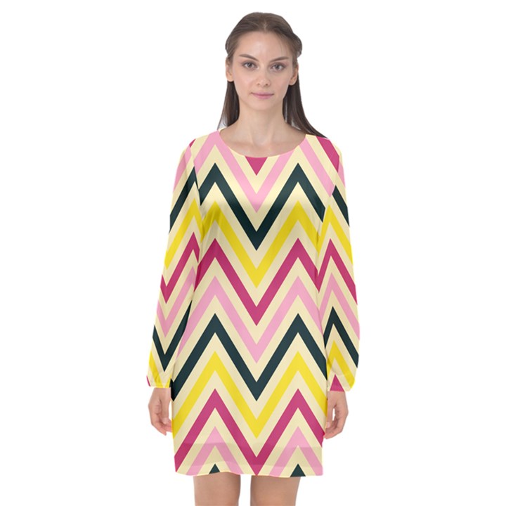 Chevron I Long Sleeve Chiffon Shift Dress 