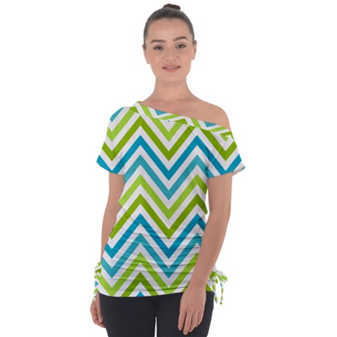 Green Chevron Off Shoulder Tie-up Tee by GardenOfOphir