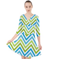 Green Chevron Quarter Sleeve Front Wrap Dress by GardenOfOphir