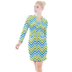 Green Chevron Button Long Sleeve Dress by GardenOfOphir