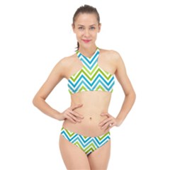 Green Chevron High Neck Bikini Set by GardenOfOphir