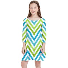 Green Chevron Kids  Quarter Sleeve Skater Dress by GardenOfOphir