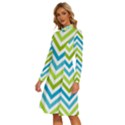 Green Chevron Long Sleeve Shirt Collar A-Line Dress View2