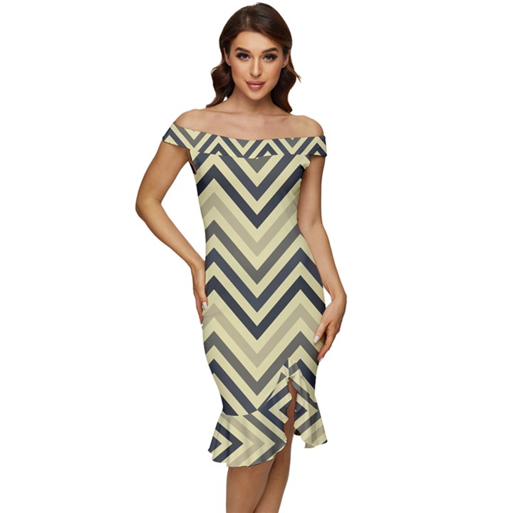 Mute Chevron Off Shoulder Ruffle Split Hem Bodycon Dress