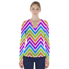 Bright Chevron V-neck Long Sleeve Top by GardenOfOphir