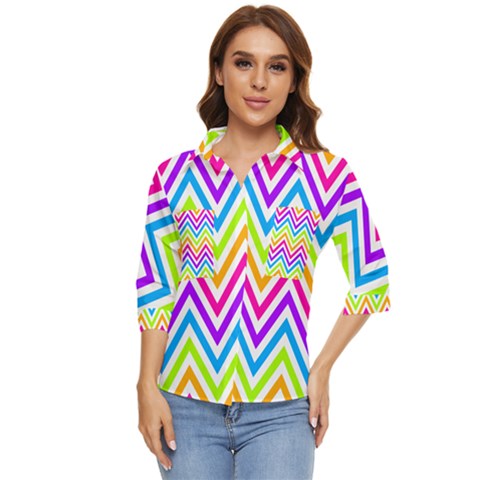 Bright Chevron Women s Quarter Sleeve Pocket Shirt by GardenOfOphir