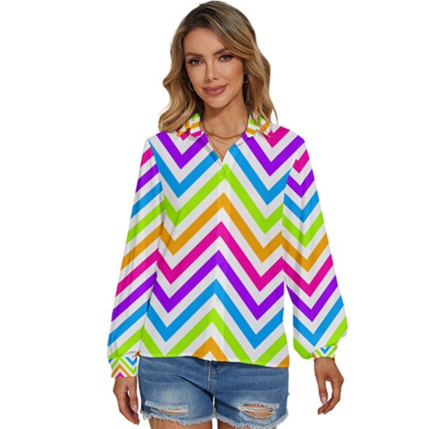 Bright Chevron Women s Long Sleeve Button Down Shirt by GardenOfOphir