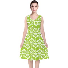 Lime Green Flowers Pattern V-neck Midi Sleeveless Dress  by GardenOfOphir