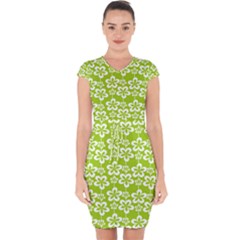 Lime Green Flowers Pattern Capsleeve Drawstring Dress  by GardenOfOphir