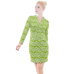 Lime Green Flowers Pattern Button Long Sleeve Dress by GardenOfOphir