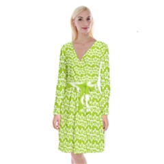 Lime Green Flowers Pattern Long Sleeve Velvet Front Wrap Dress by GardenOfOphir