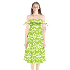 Lime Green Flowers Pattern Shoulder Tie Bardot Midi Dress by GardenOfOphir