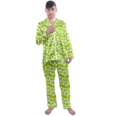 Lime Green Flowers Pattern Men s Long Sleeve Satin Pajamas Set by GardenOfOphir