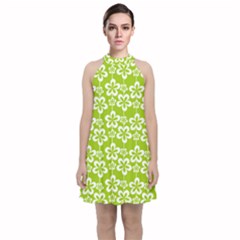 Lime Green Flowers Pattern Velvet Halter Neckline Dress  by GardenOfOphir