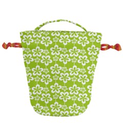 Lime Green Flowers Pattern Drawstring Bucket Bag by GardenOfOphir