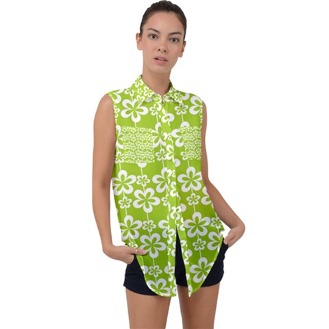 Lime Green Flowers Pattern Sleeveless Chiffon Button Shirt by GardenOfOphir