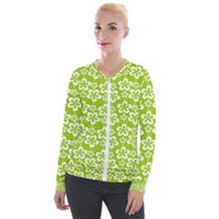 Lime Green Flowers Pattern Velvet Zip Up Jacket by GardenOfOphir