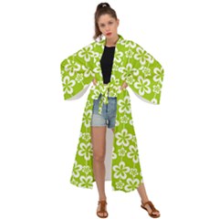 Lime Green Flowers Pattern Maxi Kimono by GardenOfOphir