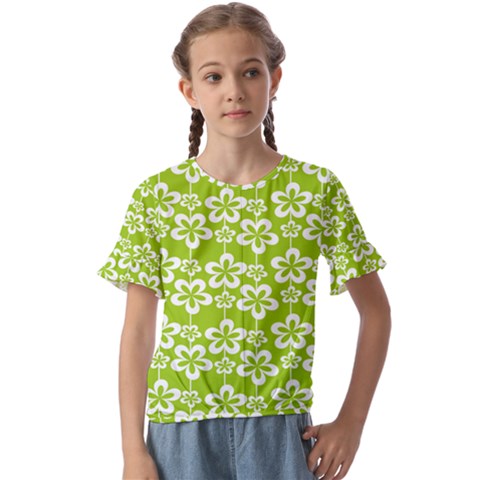 Lime Green Flowers Pattern Kids  Cuff Sleeve Scrunch Bottom Tee by GardenOfOphir