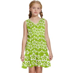 Lime Green Flowers Pattern Kids  Sleeveless Tiered Mini Dress by GardenOfOphir