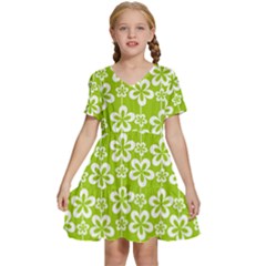 Lime Green Flowers Pattern Kids  Short Sleeve Tiered Mini Dress by GardenOfOphir