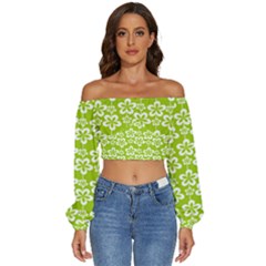 Lime Green Flowers Pattern Long Sleeve Crinkled Weave Crop Top