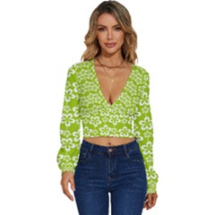 Lime Green Flowers Pattern Long Sleeve Deep-v Velour Top by GardenOfOphir