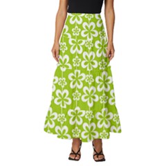 Lime Green Flowers Pattern Tiered Ruffle Maxi Skirt by GardenOfOphir