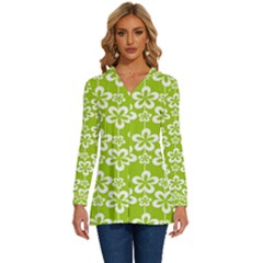 Lime Green Flowers Pattern Long Sleeve Drawstring Hooded Top