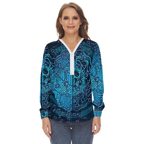 Artificial Intelligence Network Blue Art Zip Up Long Sleeve Blouse by Semog4